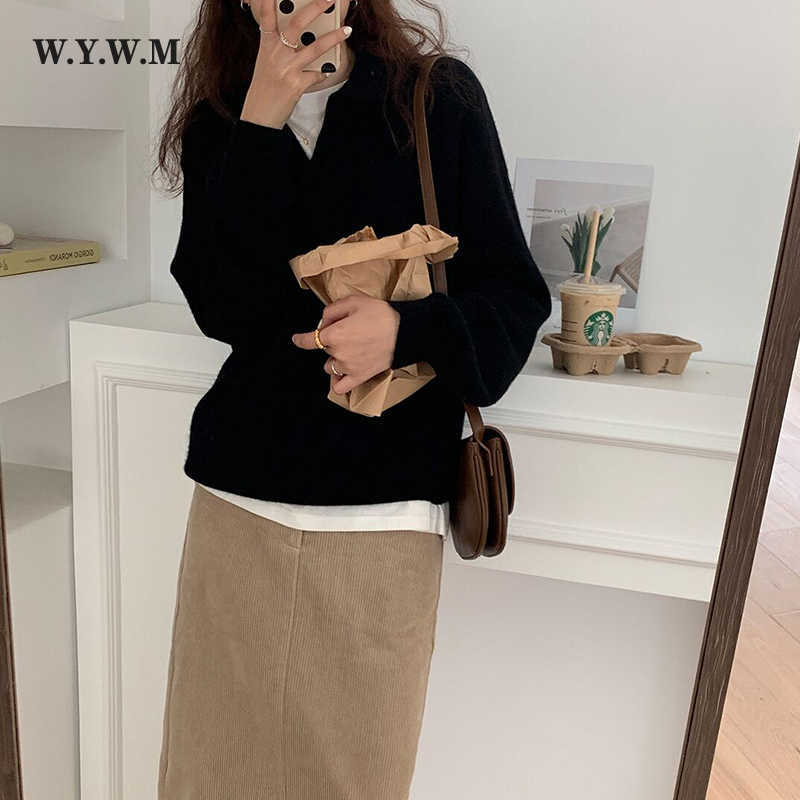 WYWM Autumn Thin Knitted Sweater Women Vintage Polo Collar Long Sleeve Streetwear Pullover Korean Casual V-neck Female Clothing 211018