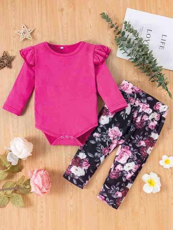Baby Ruffle Trim Bodysuit & Floral Print Pants SHE