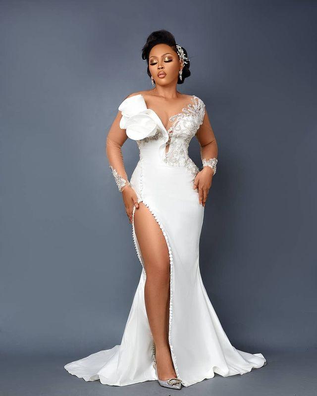 Arabic Aso Ebi Mermaid Lace Crystals Wedding Gowns Sheer Neck High Split Detachable Long Sleeve African Nigerian Bridal Dresses