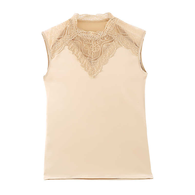 Korean Blouse Women Silk s Sleeveless Tops Plus Size Woman Pullover Hollow Out Shirt Satin Lace s 210604
