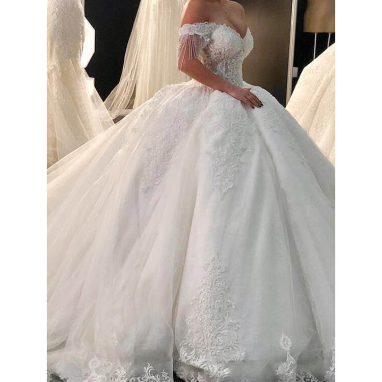 Luxury Beaded Lace Wedding Dress Appliqued Ball Gown 2022 Gorgeous Off Shoulder Ivory White Tulle Bridal Wedding Gowns Sweetheart Princess Bride Dress