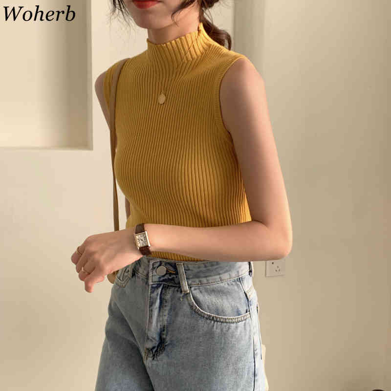 Women Tank Tops Summer Knitted Turtleneck Ladies Sexy Thin Slim Female Casual T-shirt All Match Top 210519