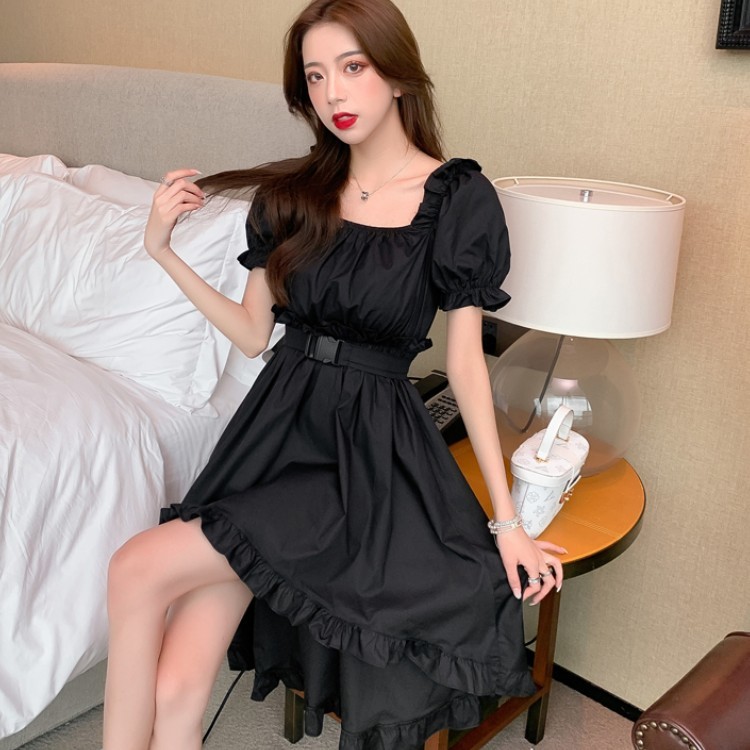 Women Black Party Dress Elegant Square Collar Casual Irregular Ruffles Chic Fashion 210519