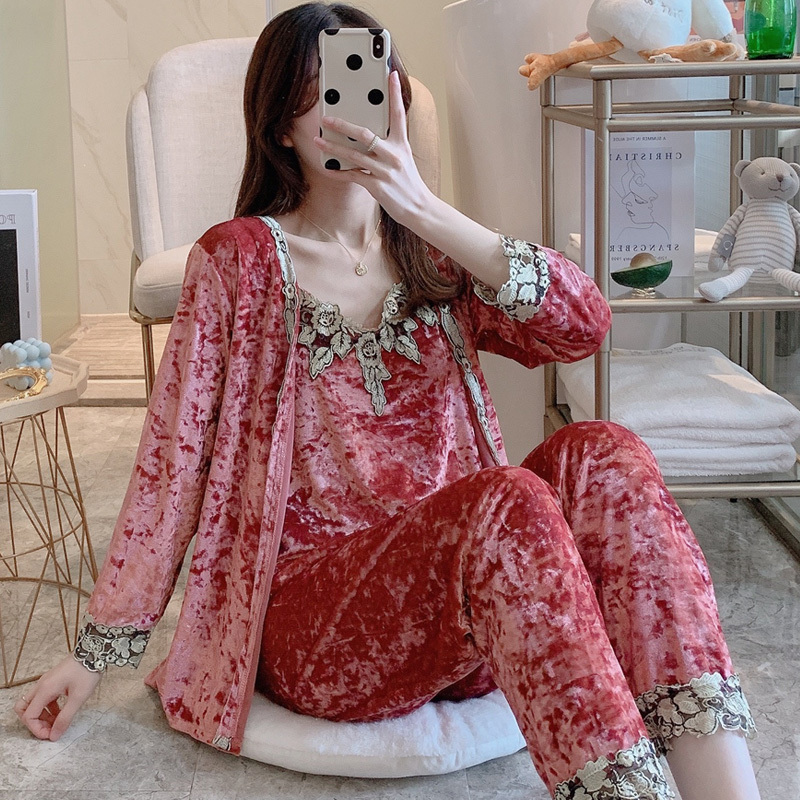 Autumn Winter Warm Pajamas Set Women SleepSet Deep Gold Velvet Sexy Homewear Pyjamas Women Pajama Sets Long Pant Set Robe Women 210330