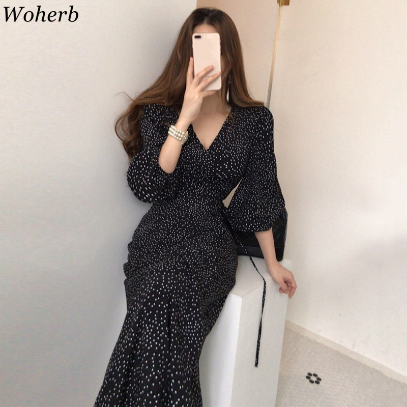 Maxi Dresses for Women V-neck Elegant Vestidos Feminino Bandage Slim Waist Robe Puff Sleeve Vintage Korean Chic Dot Dress 210422