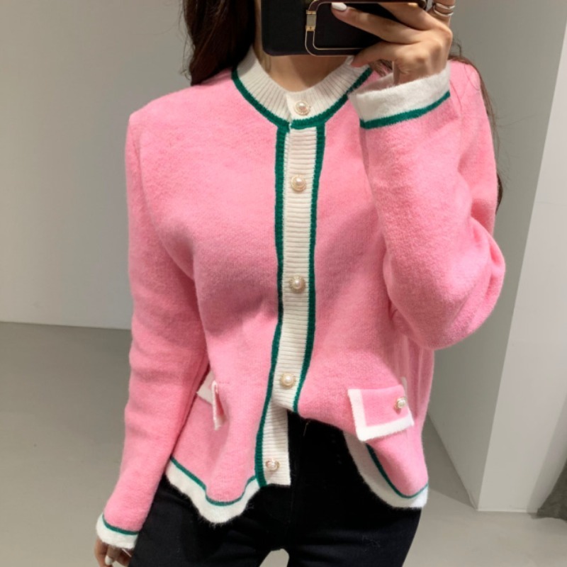 MATAKAWA Fashion Loose Temperament Contrast Women's Sweater Autumn Winter Korean Round Neck Knitted Cardigan Coat 210513