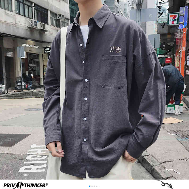 Privathinker Men Solid Shirt Long Sleeve Man Korean Fashions Monday Embroidery Shirt Male Streetwear Spring Women Shirts 210410
