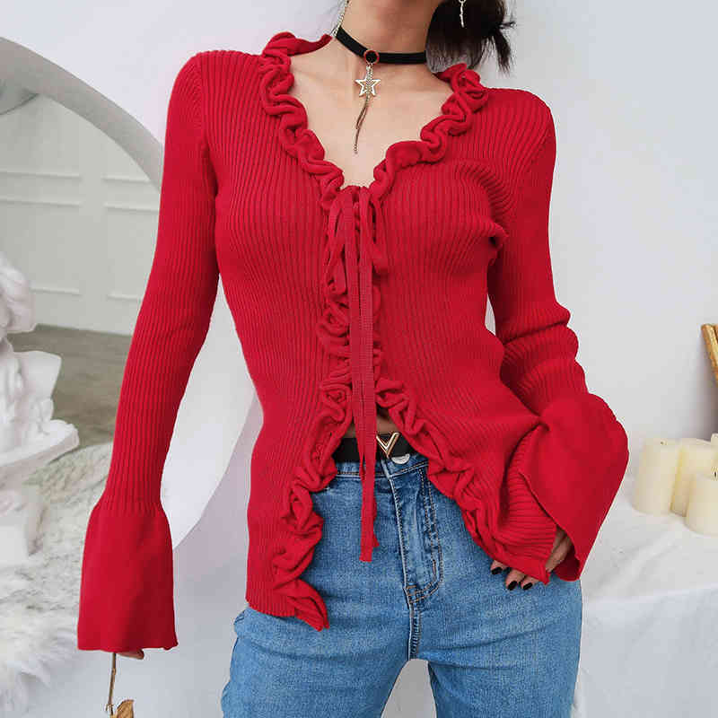 Fall Arrival Slim V-Neck Ruffle Women Buttons Sweater Elastic Flare Sleeve Knitted Cardigans Long Tops C-162 210522