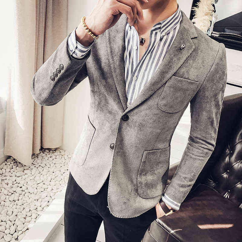 Deerskin Leather Jacket Blazer Masculino Casual Suit Jacket Korea Slim Fit Coat Men Nightclub Stage Singer Veste Costume Homme 211120