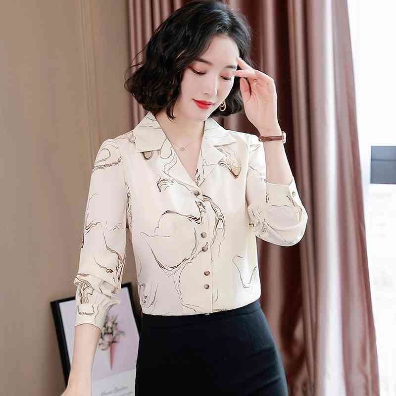 Korean Fashion Clothing Autumn Printed Chiffon Long Sleeve V-Neck Blouse Shirt Woman Blusa Office Shirts 02A 210420