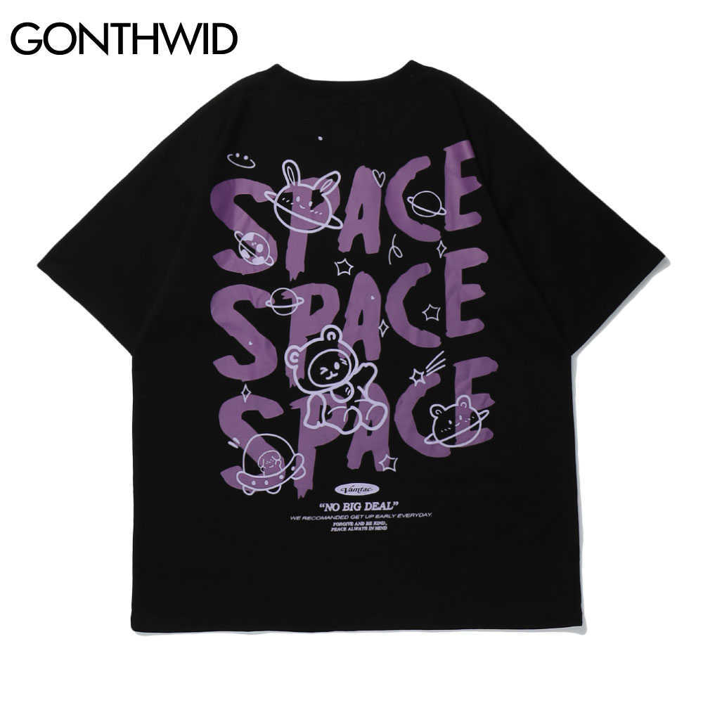 GONTHWID Harajuku Tshirts Cartoon Bear Rabbit Space Short Sleeve Tees Shirts Streetwear Hip Hop Fashion Casual Cotton Loose Tops 210726
