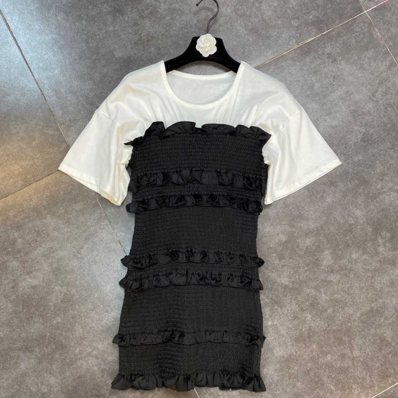 DEAT Women Ruffles Pleated Patchwork Dress Round Neck Short Sleeve Arrivals Lady Sexy Fashion Spring Summer 11D363 210709