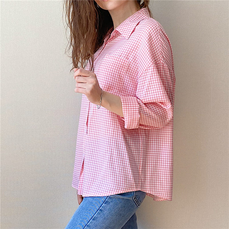 OL Elegant Pink Plaid Shirt Women Summer Blouses Loose Lapel Single-breasted Office Lady Long Sleeve Tops Blusas 210421
