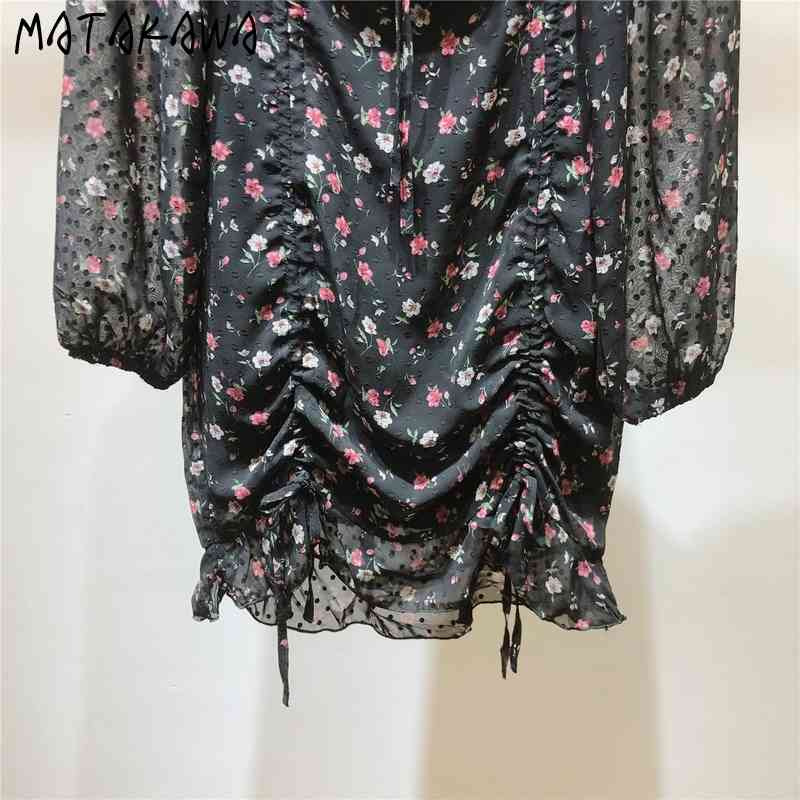 MATAKAWA Long-sleeved Slim-fitting Bodycon Dress Romantic Summer Robe Drawstring Ruffled Dresses Square Neck Floral Vestidos 210513