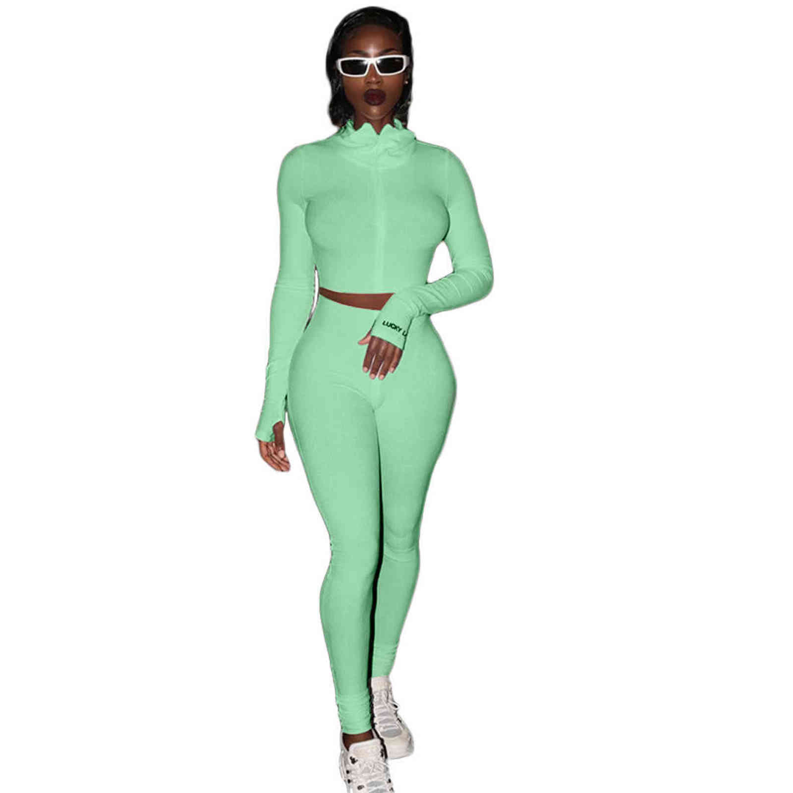 Lucky Label 2 Two Piece Set Women Outfits Activewear Fitness Elastic Crop Top Leggings Matching Wholesale Dropshpping 211106