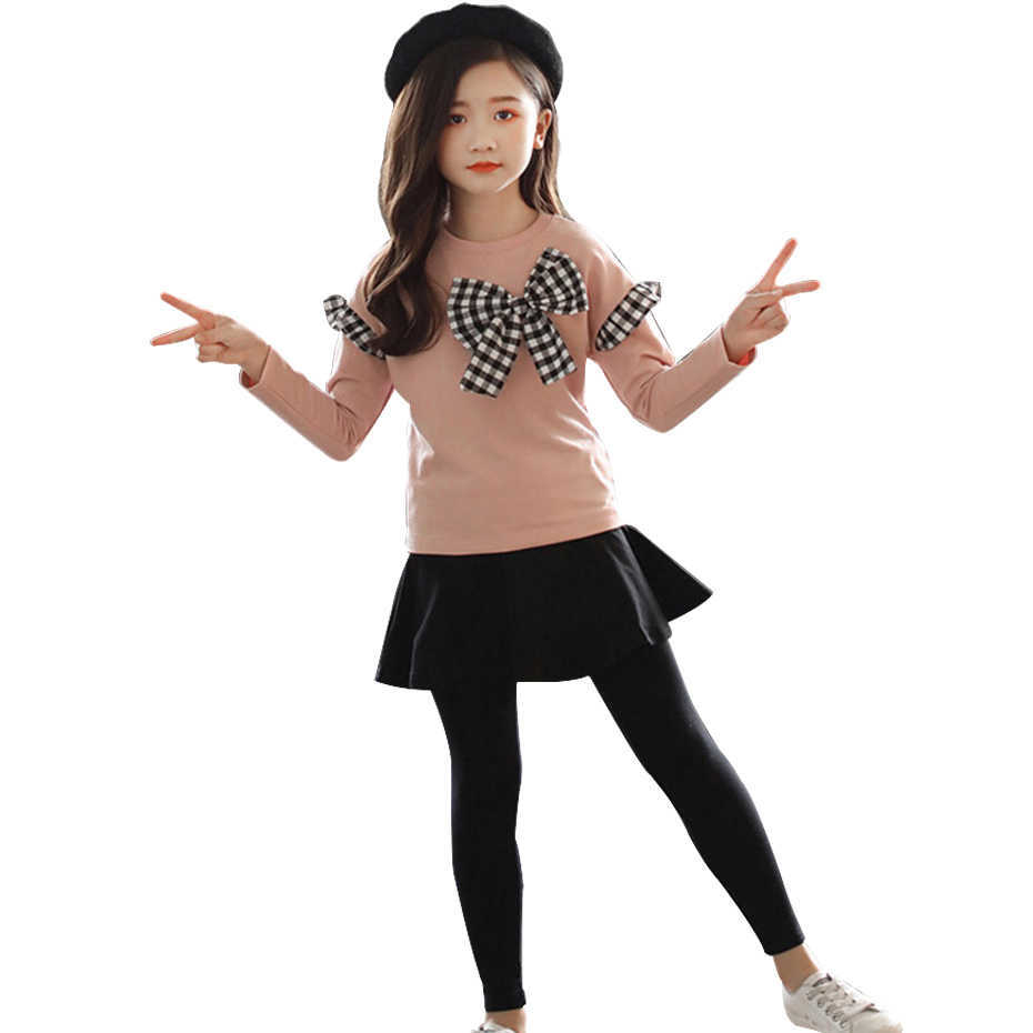 Girls Clothes Set Bow Shirt+Legging 2 Pcs Autumn Suit For Winter Kids Casual Teenage Clothing 4 6 8 12 Years 210528
