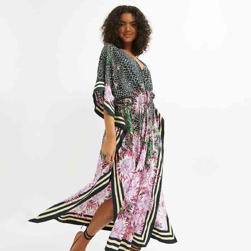 Multicolored Bikini Cover-ups Sexy V-neck Half Sleeve Boho Summer Beach Dress Plus Size Beachwear Swimsuit Cover Up Q1088 210420