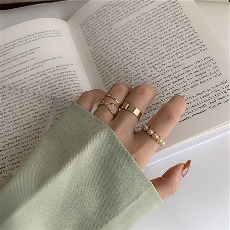 Korean Ring 4pcs/set For Women Opening Ring Set Metal Adjustable Geometry Female Simple Creative Finger Rings Party Jewelry
