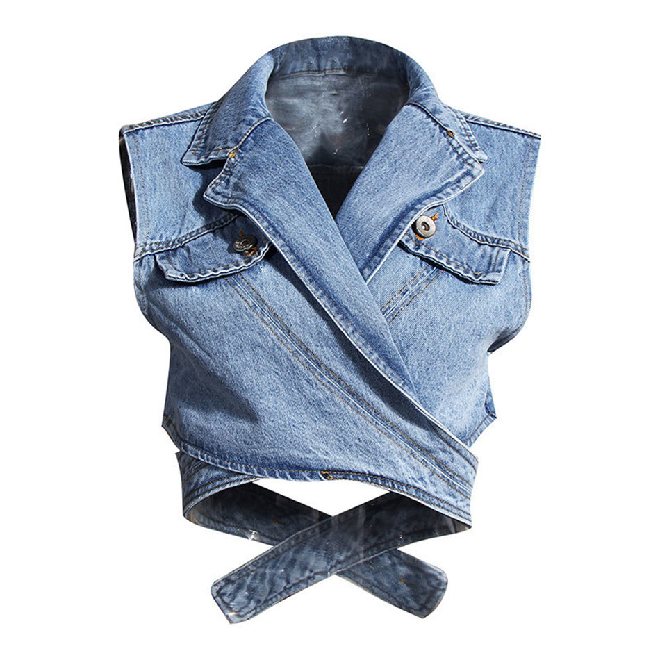 Free Irregular Cross Denim Coat For Women High Waist Hollow Out Casual Short Tops Female Summer Fashion Style 210524