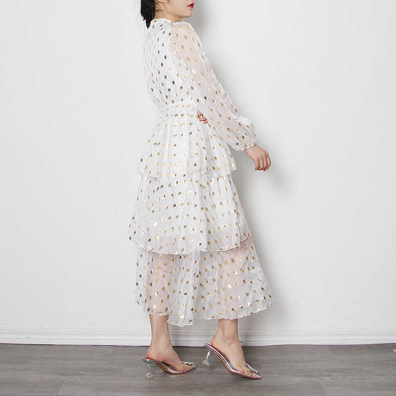 Spring Summer Long Puff Sleeve Stand Collar Femme Robe Elastic Waist Women Dress Korean Fashion Ruffles Vestido 13A133 210525