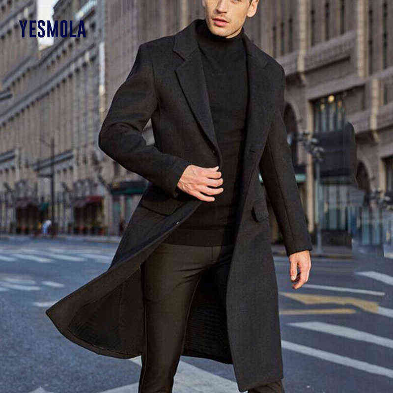 YESMOLA Autumn Winter Mens Coat Solid Long Sleeve Woolen Jackets Fleece Men Overcoat Streetwear Fashion Long Trench Outerwear 211119