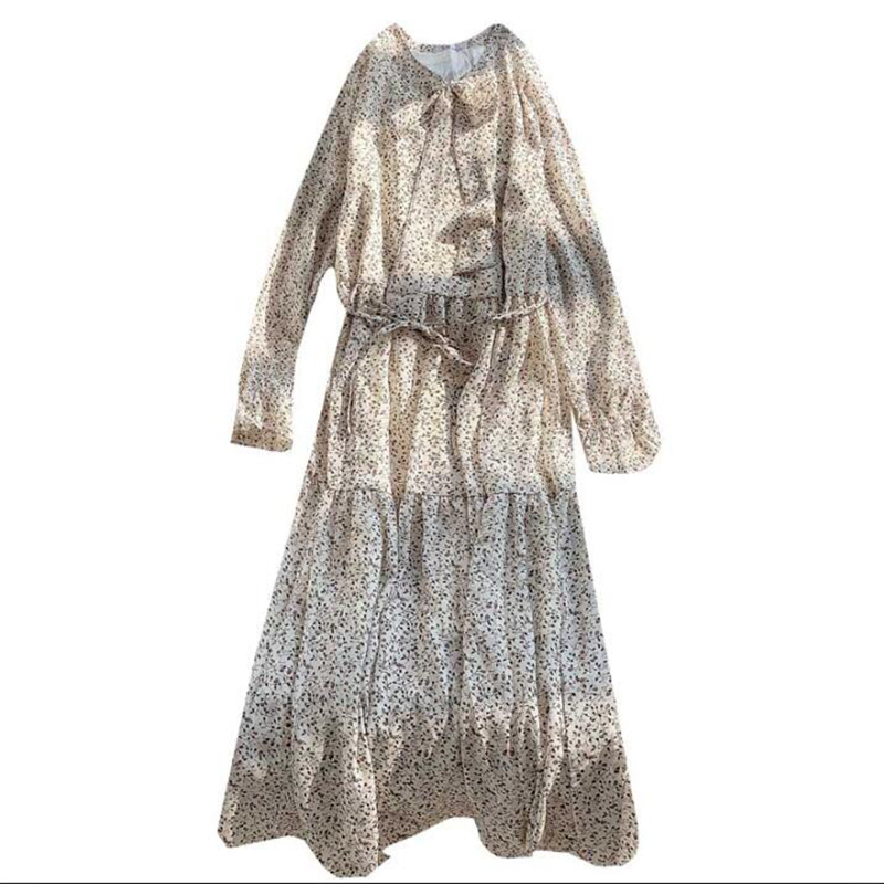 Spring Sweet Bow Collar Floral Print Chiffon Dress Women Elegant A Line Midi Dress Korean Fashion Long Sleeve Dress Vestido 210521