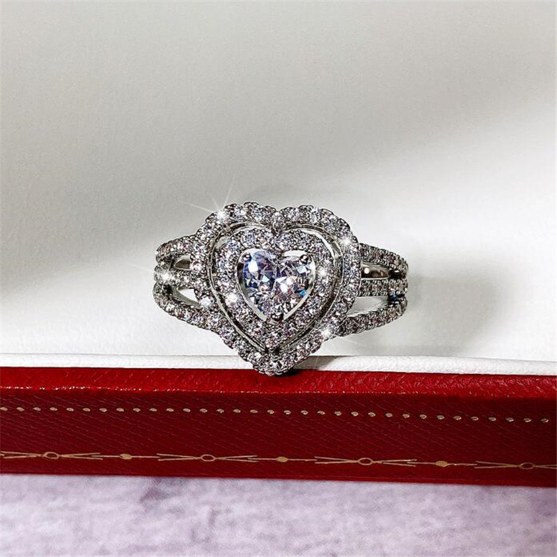Ins Top Sell Wedding Rings Luxury Jewelry 925 Sterling Silver Handmade Pave White Sapphire CZ Diamond Gemstones Eternity Women Bridal Heart Ring For L
