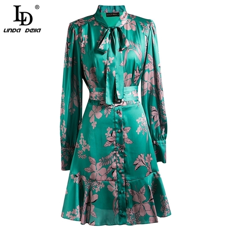 Summer Fashion Runway Bow tie Dress Women Long Sleeve Belted Ruffles Floral Print Ladies Vintage Dresses vestido 210522