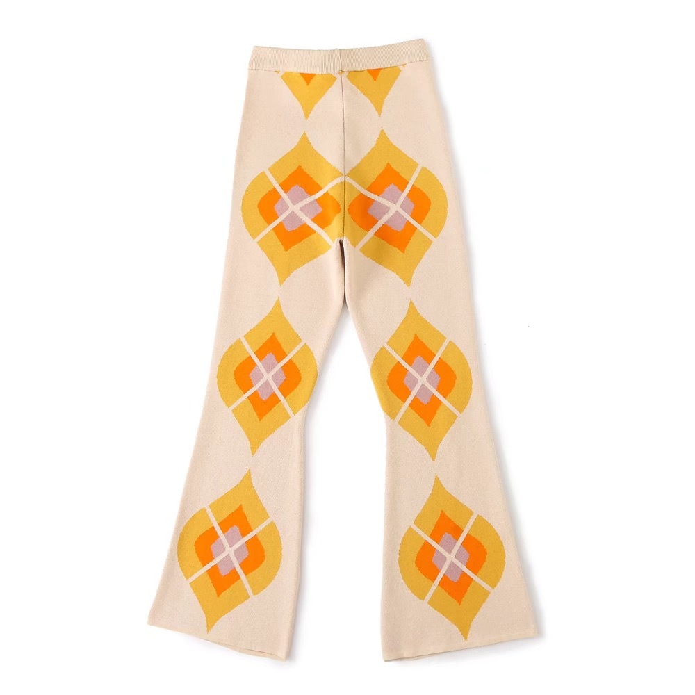Vintage French Geometric Plaid Knitting Flare Pants High Waist Package Hips Amber Pattern Long Trousers 210429
