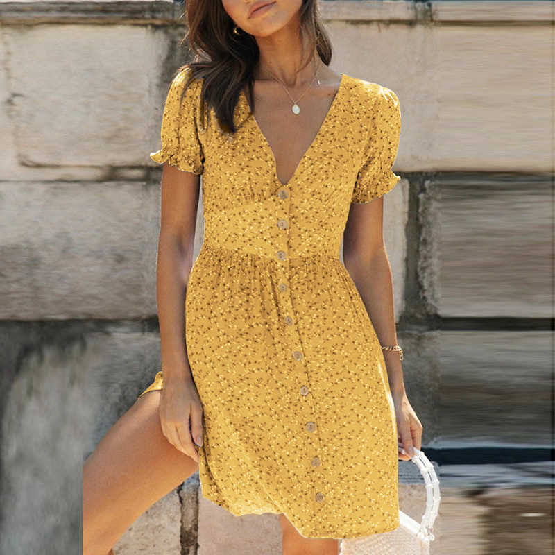 Aachoae Bohemian Floral Print Mini Dress Women V Neck Summer Beach Dress Ruffle Short Sleeve A-line Buttons Casual Dresses 210630