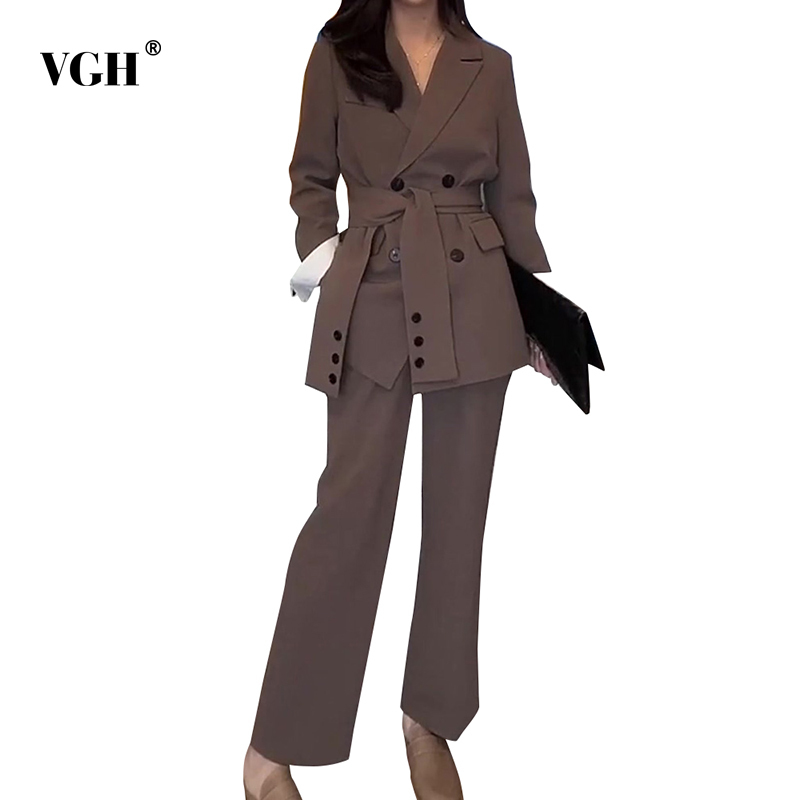 VGH Black Korean Two Piece Set For Women Notched Long Sleeve Sashes Blazer High Waist Wide Leg Pants Casual Sets Female Fashion 210421