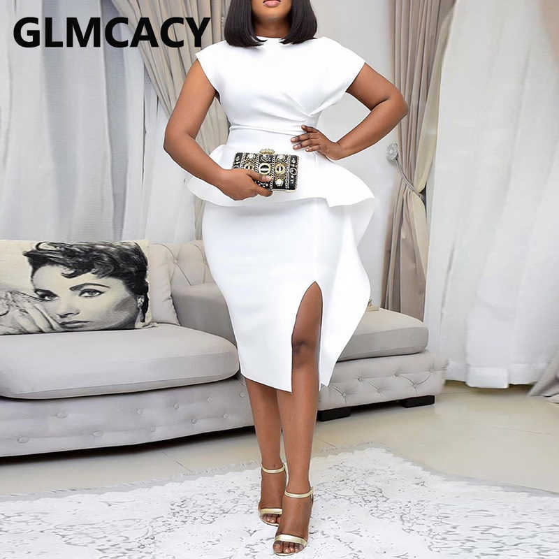 Women Short Sleeve Foam Dress Elegant Bodycon Slit Midi Dress 210702