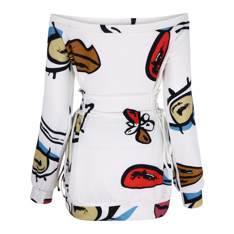 Casual Dresses Women Abstract Print Off Shoulder Dress Streetwear Lace-Up Eyelet Long Sleeve Women's Straight Vestidos