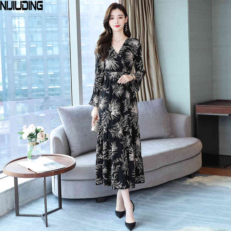 Black Print Chiffon Cover Belly Slimming Dress Female Fashion V-neck Long-sleeved Pullover Elastic Waist Comfortable 210514