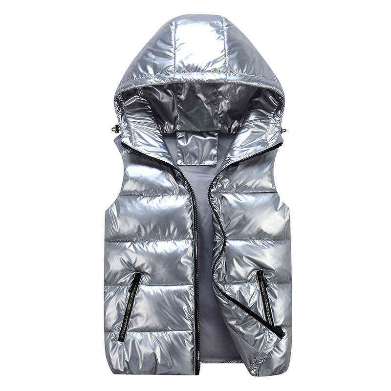 Men's Sleeveless Jacket Fashion Shiny Vest Winter Warm Hood Pockets Cotton Padded Husband Red Black Autumn Down Waistcoat Male 211126