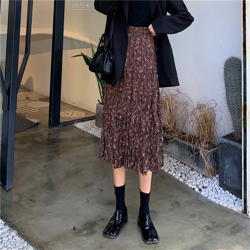 Sweet Chic Stylish Cute All-Match Print Long Thin Retro High Waist Floral Korean Autumn Winter Vintage Skirt 210421
