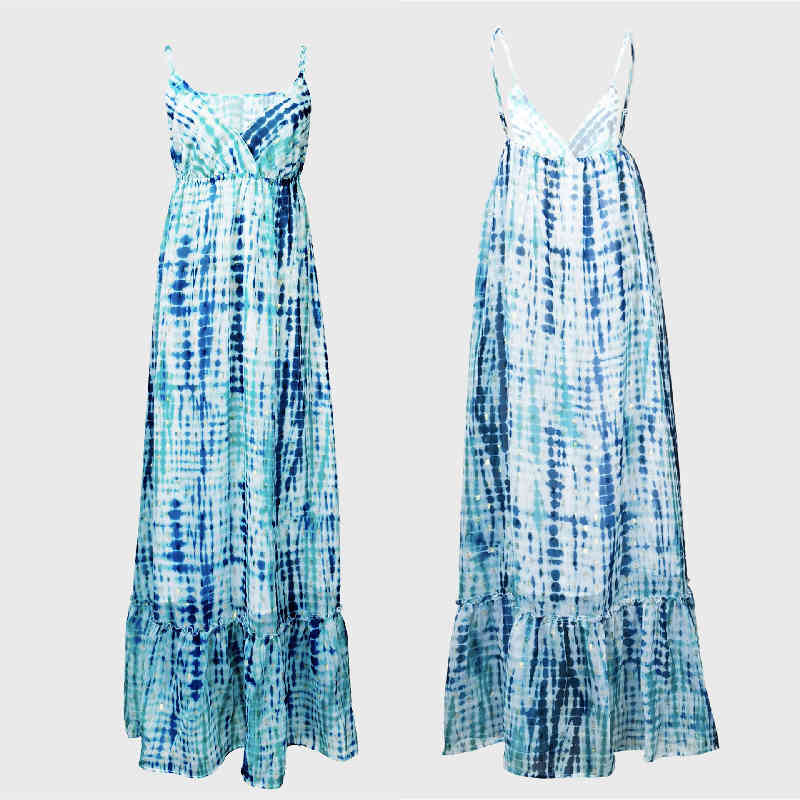 Green Bohemian Tie-dyed Bikini Cover-ups Sexy Spaghetti Strap Summer Beach Dress Cotton Tunic Women Swimsuit Cover Up A453 210420