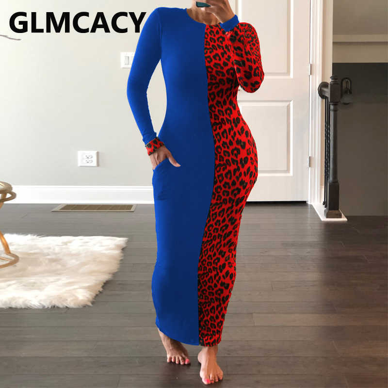 Women Casual Long Sleeve Dress Leopard Colorblock Slim Maxi Dresses 210702