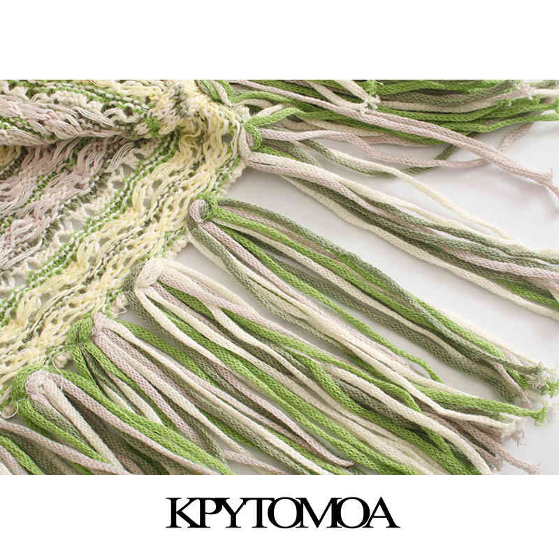 KPYTOMOA Women Chic Fashion With Tassel Knitted Midi Dress Vintage Backless Fringed Hem Straps Female Dresses Vestidos 210409