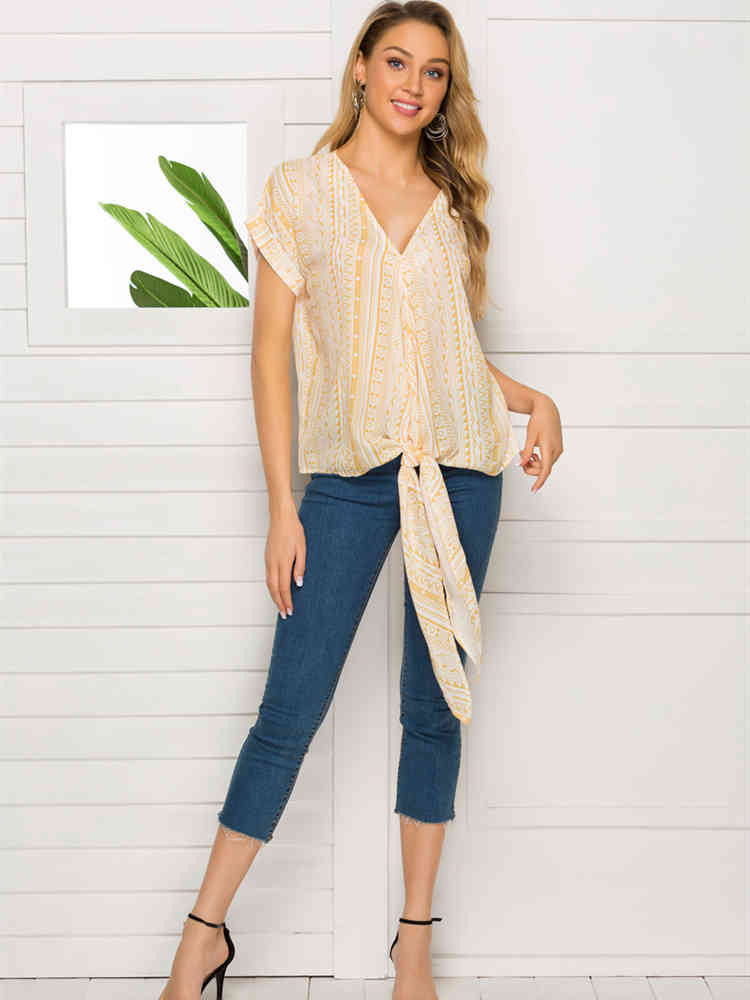 beauty Boho Vintage Print Deep V-neck Summer Blouses Women Holiday Chic Irregular Chiffon Tops Female Beach Blouse 210514