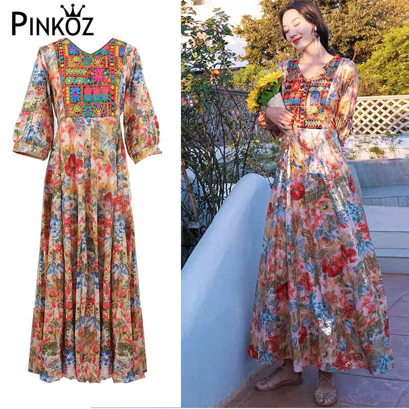 vintage flower embroidery v-neck maxi dress bohemian vocation beach summer high waist dresses women A-line robe majer 210421