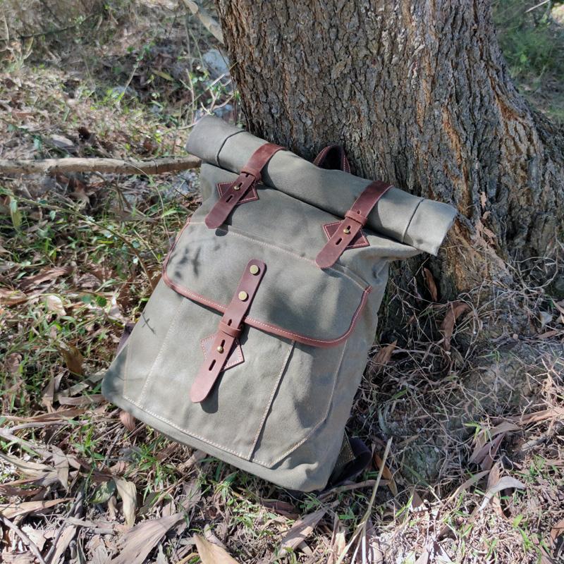 Roll Top Backpack Leather Waxed Canvas Retro Hiking Bag Anti Theft Travel Waterproof Men Laptop Bags