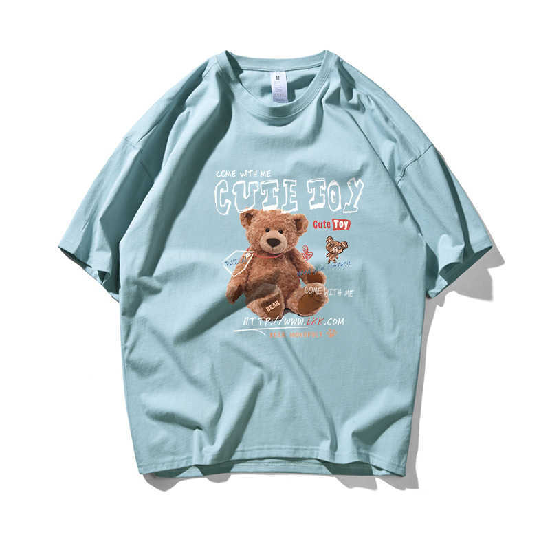 Plush Bear Hip Hop Oversize T Shirt Men Streetwear Graffiti Harajuku Tshirt Half Sleeve Cotton Loose HipHop T-Shirt Couple 210603
