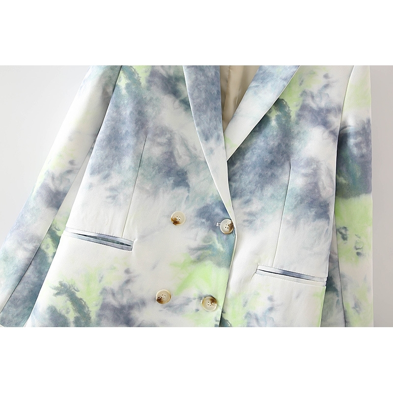 elegant women tie-dye blazer office ladies grey print jackets casual female double breasted suits chic sets 210430