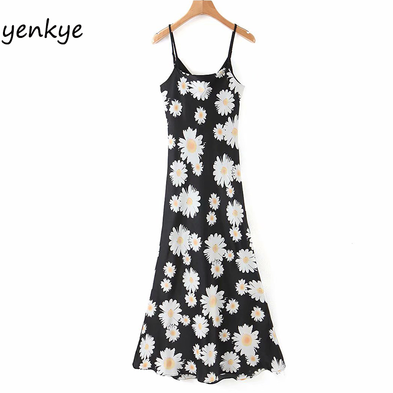 Floral Print Satin Sling Sexy Dress Women Sleeveless V Neck Sundress Summer A-line Slim Long Maxi Dress robe femme XQB2319 210515