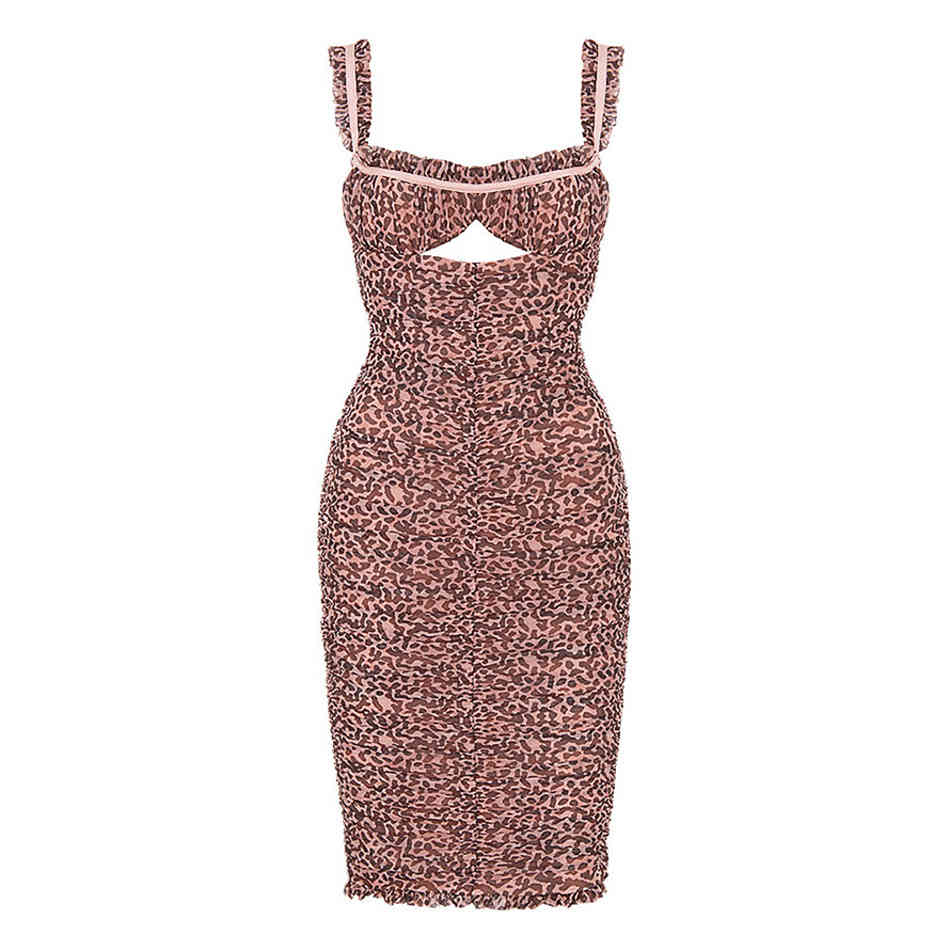 Free Sexy Pink Leopard Print Bandage Dress Women's Sling Sleeveless Hollow Bodycon Draped Club Party Vestido 210524