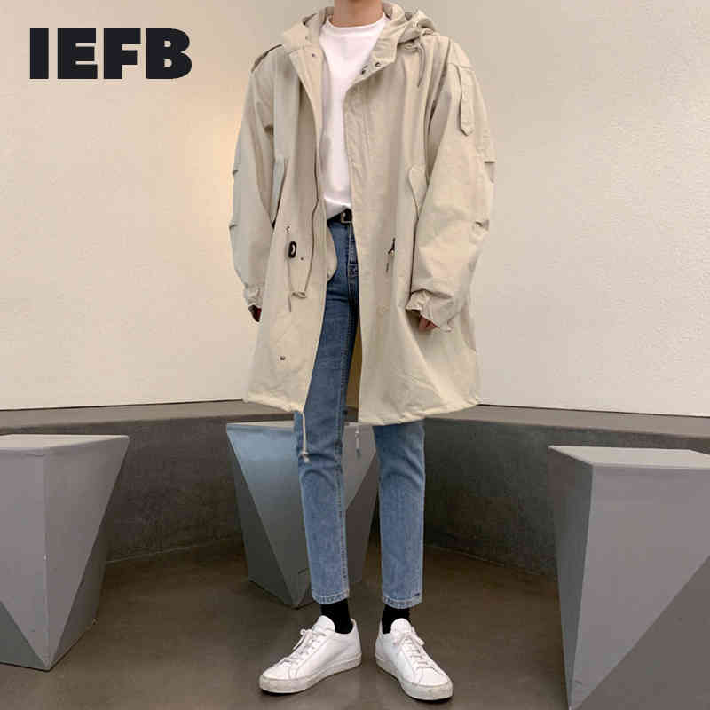 IEFB Hooded Loose Big Size Clothes Men's Mid Length Korean Fashion Cool Loose Casual Autumn Work Coat Drawstring Jacket 9Y4517 210524