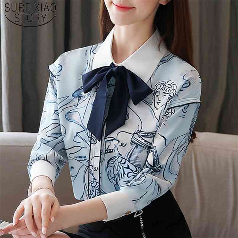 Vintage Bow Chiffon Blouse Elegant Office Lady Tops Women Spring Fashion Long Sleeve Print Shirt Blusas 8388 50 210506