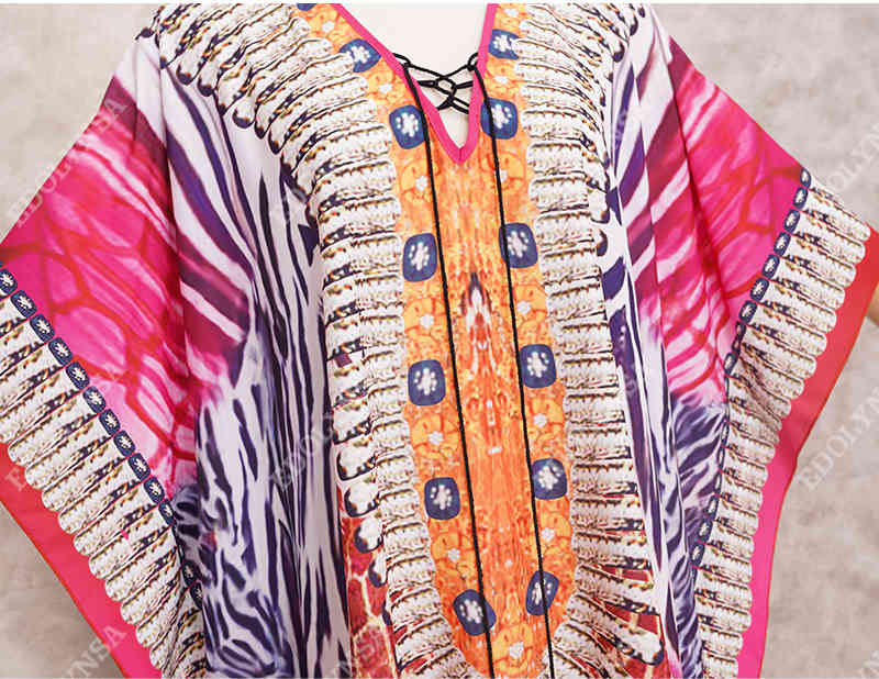 Boho Printed Bikini Cover-ups Elegant V-neck Short Sleeve Plus Size Kaftan Summer Women Beach Wear Swim Suit Cover Up Q1258 210420