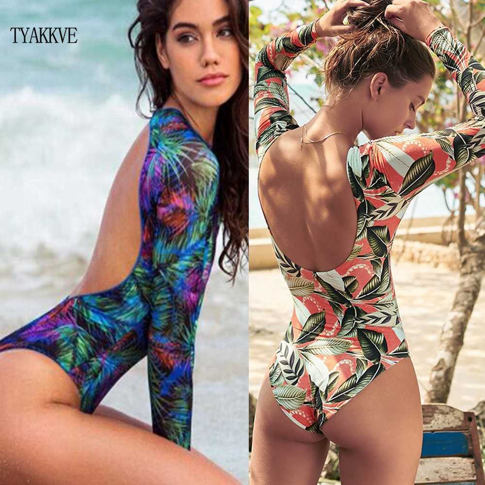 Rashguard Long Sleeve Swimsuit Print Surf Swimwear Women High Neck Bodysuit Swim Suits backless Monokini XL 210625